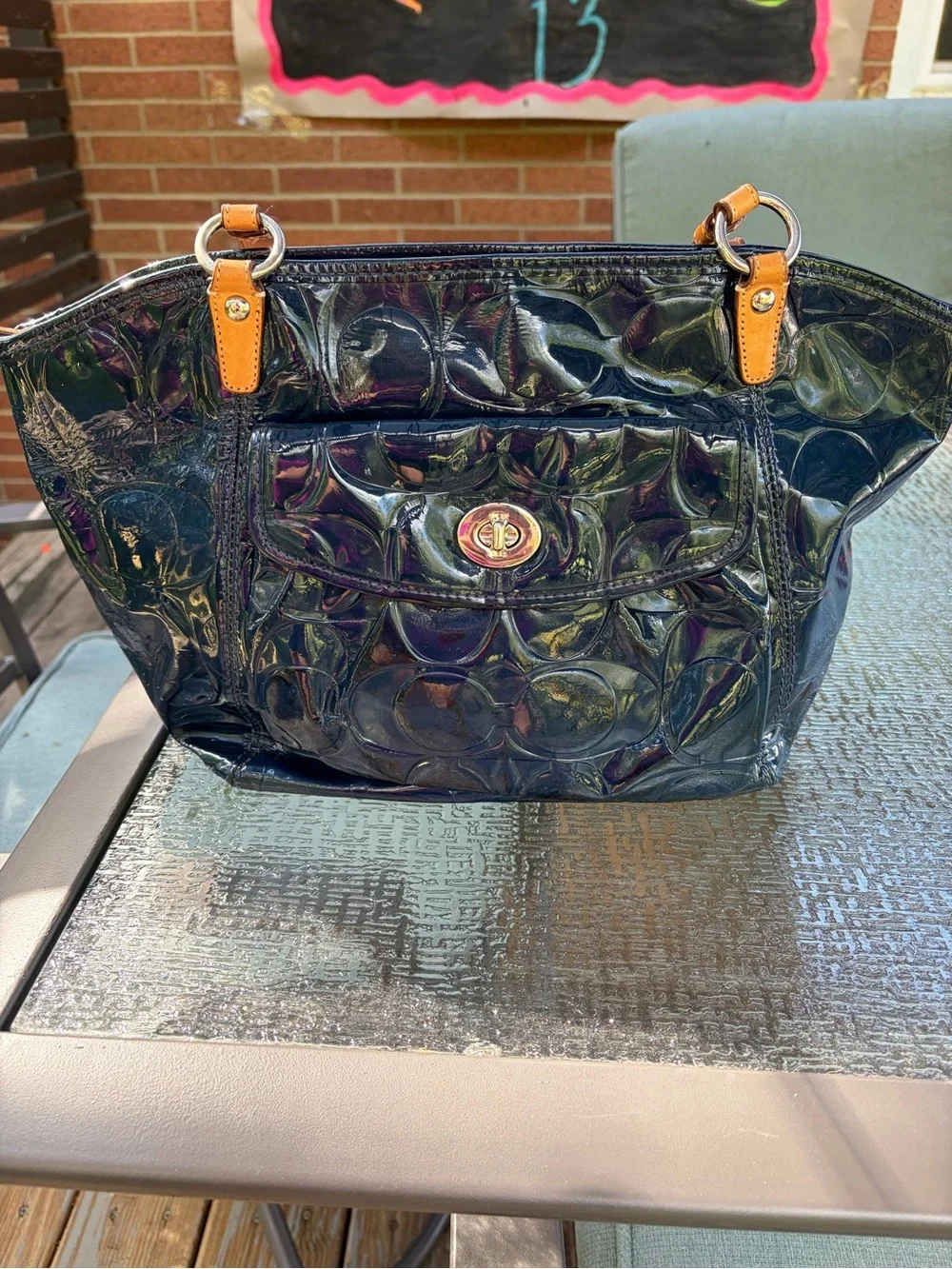 Coach Navy Patent Shoulder Bag with Tan Straps